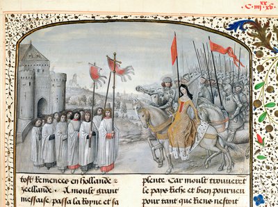 Ms 659 f.195. Königin Isabella (1292-1358) von Frankreich und ihr Sohn Edward III (1312-77) werden 1326 in Oxford empfangen, 1477 von Master of Mary of Burgundy